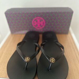 Tory Burch Black Flip Flops with Gold Logo